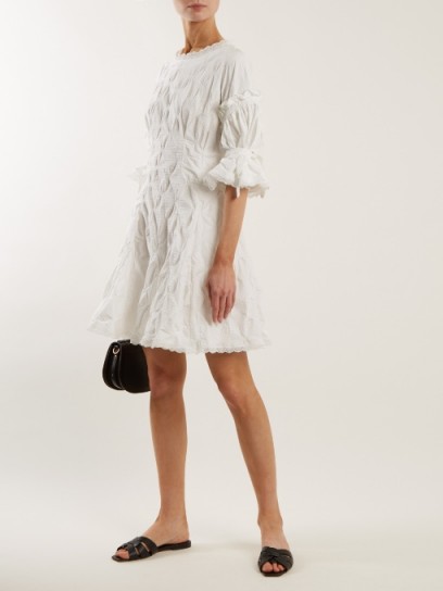 JONATHAN SIMKHAI Lace-trimmed smocked gingham-jacquard dress ~ white gathered dresses