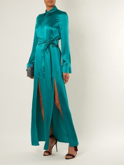 GALVAN Laguna tie-waist silk-satin dress ~ long silky front slit dresses - flipped
