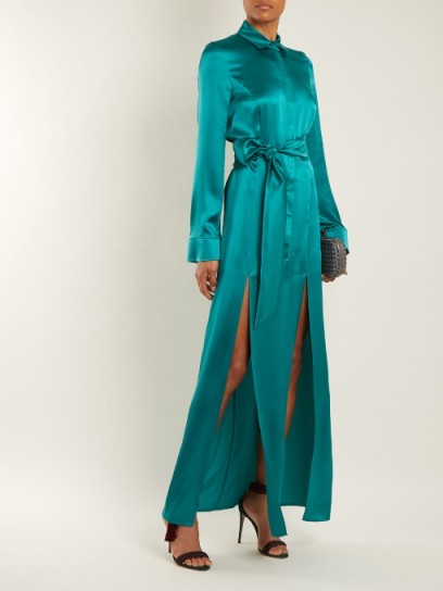 GALVAN Laguna tie-waist silk-satin dress ~ long silky front slit dresses
