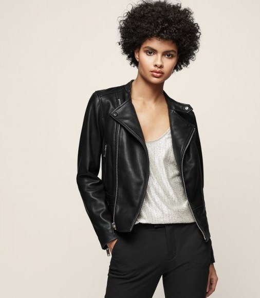 Reiss LETTY COLLARLESS LEATHER BIKER JACKET BLACK ~ chic zipped jackets - flipped