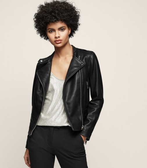 Reiss LETTY COLLARLESS LEATHER BIKER JACKET BLACK ~ chic zipped jackets