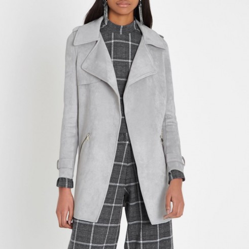 River Island Light grey faux suede longline trench coat