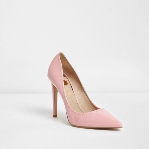 River Island Light pink patent pointed toe court shoes – shiny pink courts - flipped