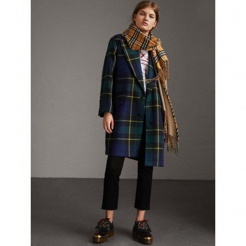 BURBERRY Lightweight Tartan Wool Tailored Coat | green plaid coats - flipped