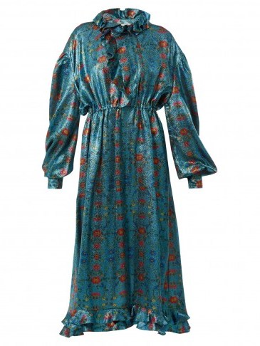 PREEN BY THORNTON BREGAZZI Linnet floral-print silk-blend lamé midi dress ~ metallic-blue ruffle trim dresses - flipped