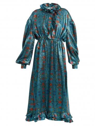 PREEN BY THORNTON BREGAZZI Linnet floral-print silk-blend lamé midi dress ~ metallic-blue ruffle trim dresses