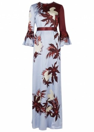 ERDEM Linzea printed silk gown ~ light blue and burgundy bird print gowns - flipped