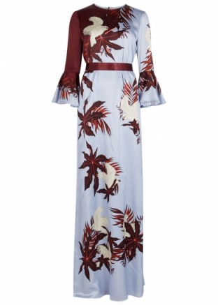 ERDEM Linzea printed silk gown ~ light blue and burgundy bird print gowns