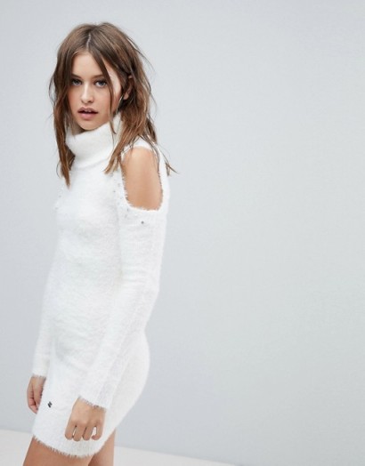 Lipsy Cold Shoulder Jumper Dress with Pearl Trim | luxe white sweater dresses