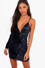 boohoo Lo One Sleeve Velvet and Sequin Mini Dress ~ navy-blue party dresses ~ plunging neckline going out fashion