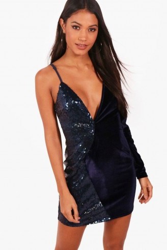 boohoo Lo One Sleeve Velvet and Sequin Mini Dress ~ navy-blue party dresses ~ plunging neckline going out fashion - flipped