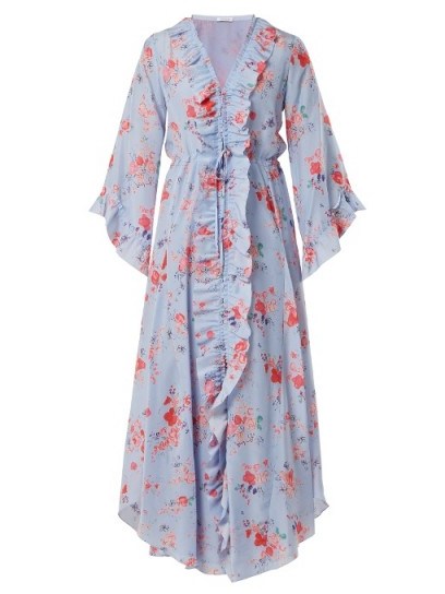 VILSHENKO Maddison button-down silk-habotai dress ~ blue floral frill trim dresses ~ feminine fluted sleeves - flipped
