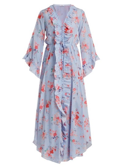 VILSHENKO Maddison button-down silk-habotai dress ~ blue floral frill trim dresses ~ feminine fluted sleeves
