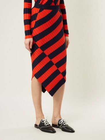 ALTUZARRA Mallory asymmetric striped ribbed-knit midi skirt ~ orange and navy skirts - flipped