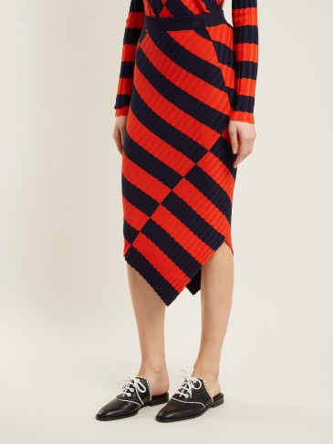 ALTUZARRA Mallory asymmetric striped ribbed-knit midi skirt ~ orange and navy skirts