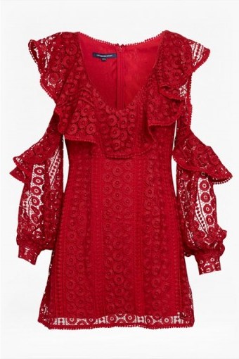 FRENCH CONNECTION MASSEY LACE V NECK DRESS BLAZER RED / cold shoulder dresses - flipped