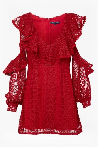 FRENCH CONNECTION MASSEY LACE V NECK DRESS BLAZER RED / cold shoulder dresses
