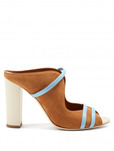 MALONE SOULIERS Maureen suede block-heel sandals ~ brown and blue strap heels