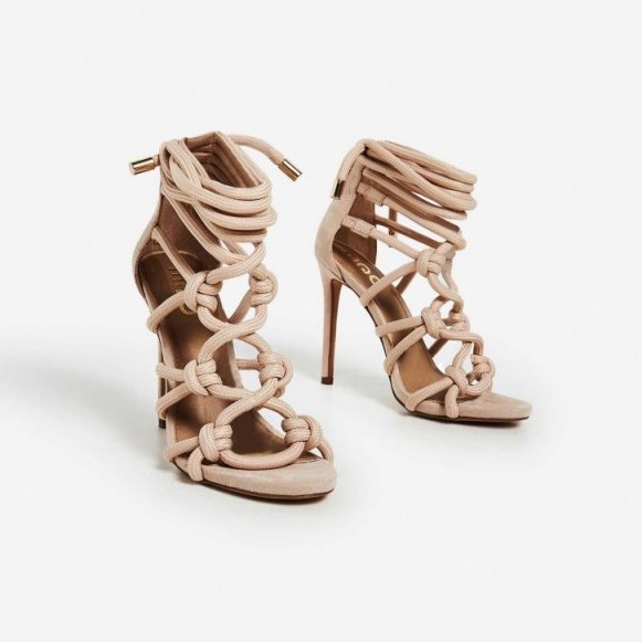 EGO Meghan Rope Detail Lace Up Heel In Nude Faux Suede – strappy heels - flipped
