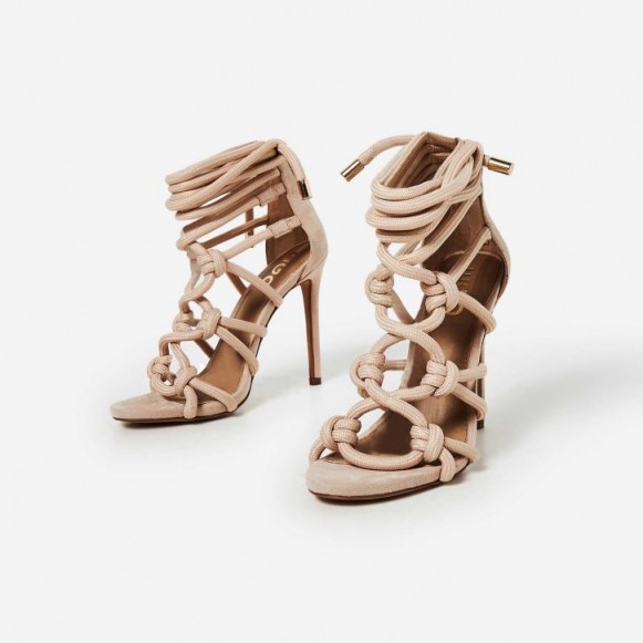 EGO Meghan Rope Detail Lace Up Heel In Nude Faux Suede – strappy heels