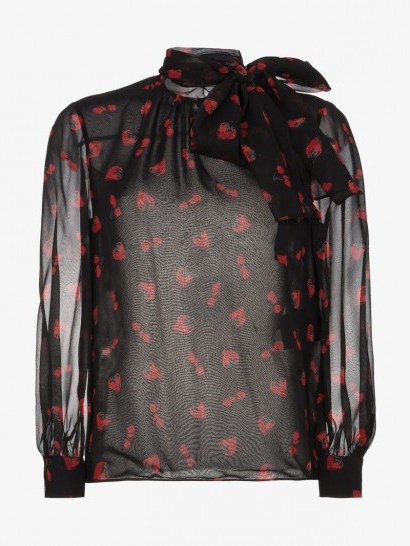 Miu Miu Berry Print Silk Blouse – strawberry prints – sheer high neck blouses - flipped