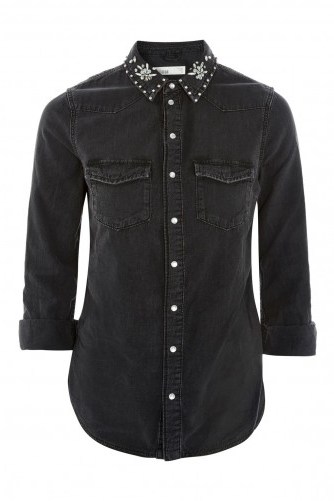 Topshop MOTO Crystal Collar Denim Shirt | black embellished western shirts - flipped
