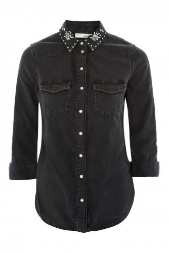 Topshop MOTO Crystal Collar Denim Shirt | black embellished western shirts