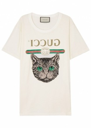 GUCCI Mystic Cat-embellished cotton T-shirt / sequin designer t-shirts / logo embellished tee - flipped