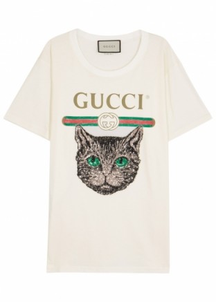 GUCCI Mystic Cat-embellished cotton T-shirt / sequin designer t-shirts / logo embellished tee