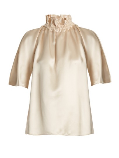 ROKSANDA Neema silk-satin smocked blouse / ivory ruffle neck blouses