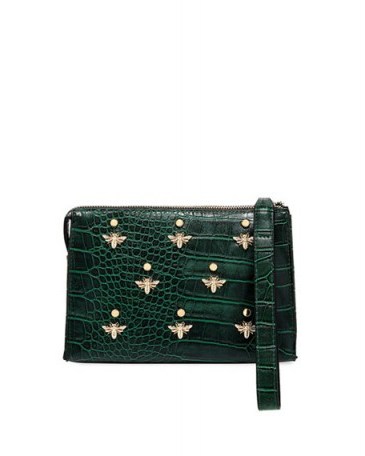 Neiman Marcus Bee Charm Croc-Embossed Faux-Leather Wristlet Pouch / embellished clutch bags / green pouches - flipped