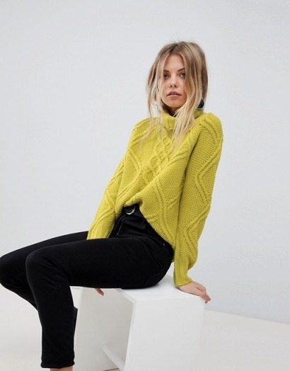 Oasis Cable Knit Roll Neck Jumper | bright green jumpers - flipped