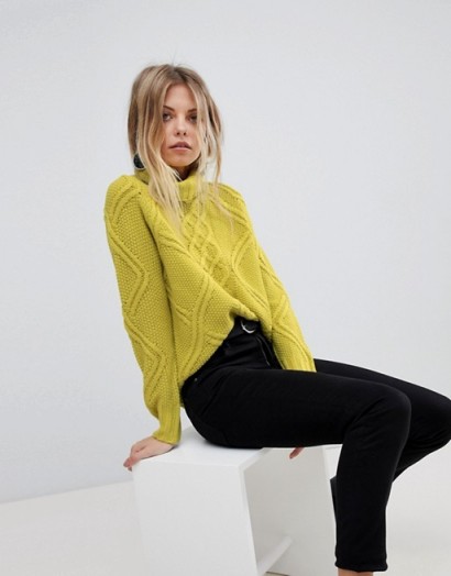 Oasis Cable Knit Roll Neck Jumper | bright green jumpers