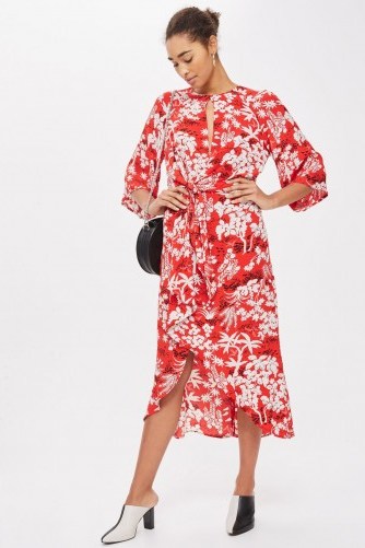 Topshop Oriental Fern Knot Front Dress | red printed tie front dresses - flipped