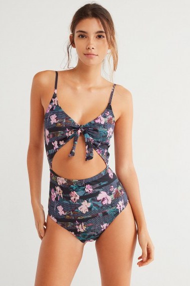 Out From Under Printed Tie-Front One-Piece Swimsuit – blue flower print swimsuits – cut away swimwear - flipped