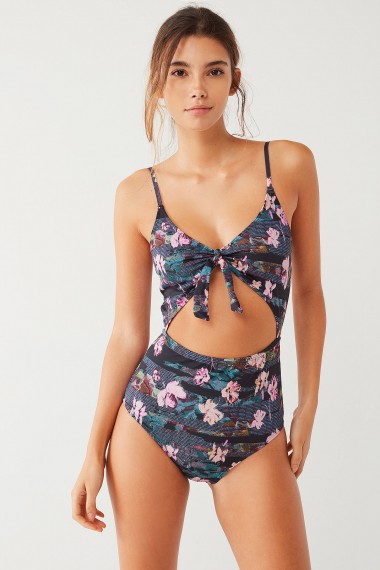 Out From Under Printed Tie-Front One-Piece Swimsuit – blue flower print swimsuits – cut away swimwear