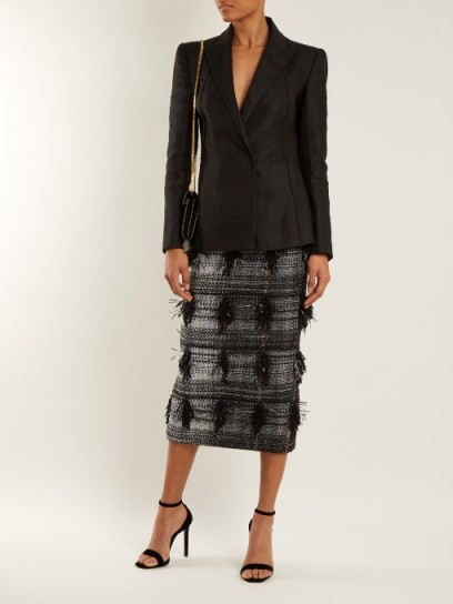 CARL KAPP Palm Fancy tweed pencil skirt ~ straight fringed midi skirts
