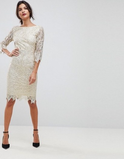 Paper Dolls Sequin Crochet 3/4 Sleeve Pencil Dress / cream and gold sequinned party dresses - flipped