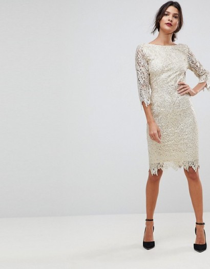 Paper Dolls Sequin Crochet 3/4 Sleeve Pencil Dress / cream and gold sequinned party dresses