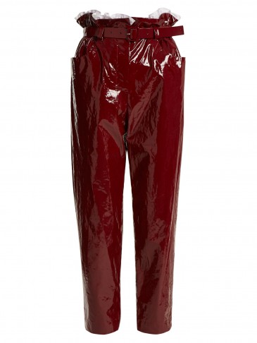 ISA ARFEN Paperbag-waist straight-leg cropped trousers | red high shine pants