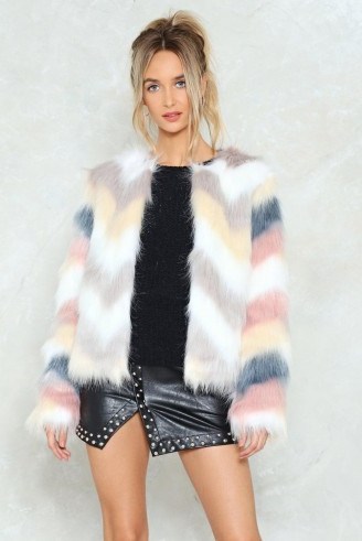 Nasty Gal Pastel Multi Coloured Faux Fur Jacket ~ fluffy chevron design jackets ~ pastels - flipped