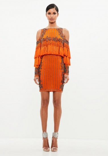 peace + love orange tassel mini dress | cold shoulder party dresses