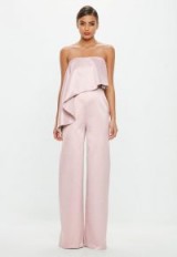 peace + love pink bandeau satin frill jumpsuit – silky strapless jumpsuits – going out