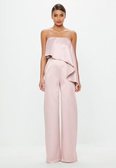 peace + love pink bandeau satin frill jumpsuit – silky strapless jumpsuits – going out - flipped