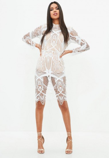 peace + love white intricate lace high neck midi dress – semi sheer bodycon – party dresses