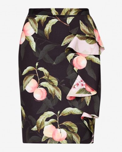 TED BAKER BLAYYKE Peach Blossom ruffle midi skirt | black ruffled pencil skirts - flipped
