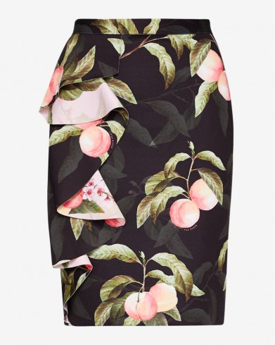 TED BAKER BLAYYKE Peach Blossom ruffle midi skirt | black ruffled pencil skirts