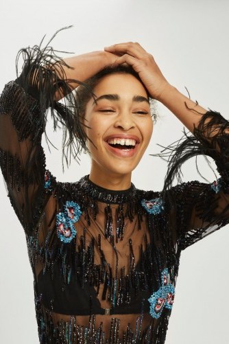 TOPSHOP Peacock Feather Embellished Blouse – sheer black sequin tops – glamorous evening blouses - flipped