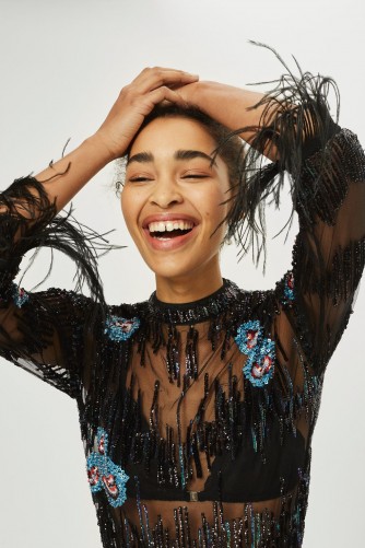TOPSHOP Peacock Feather Embellished Blouse – sheer black sequin tops – glamorous evening blouses
