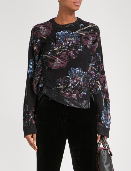 3.1 PHILLIP LIM Floral-jacquard ruched cotton-blend jumper ~ asymmetric jumpers